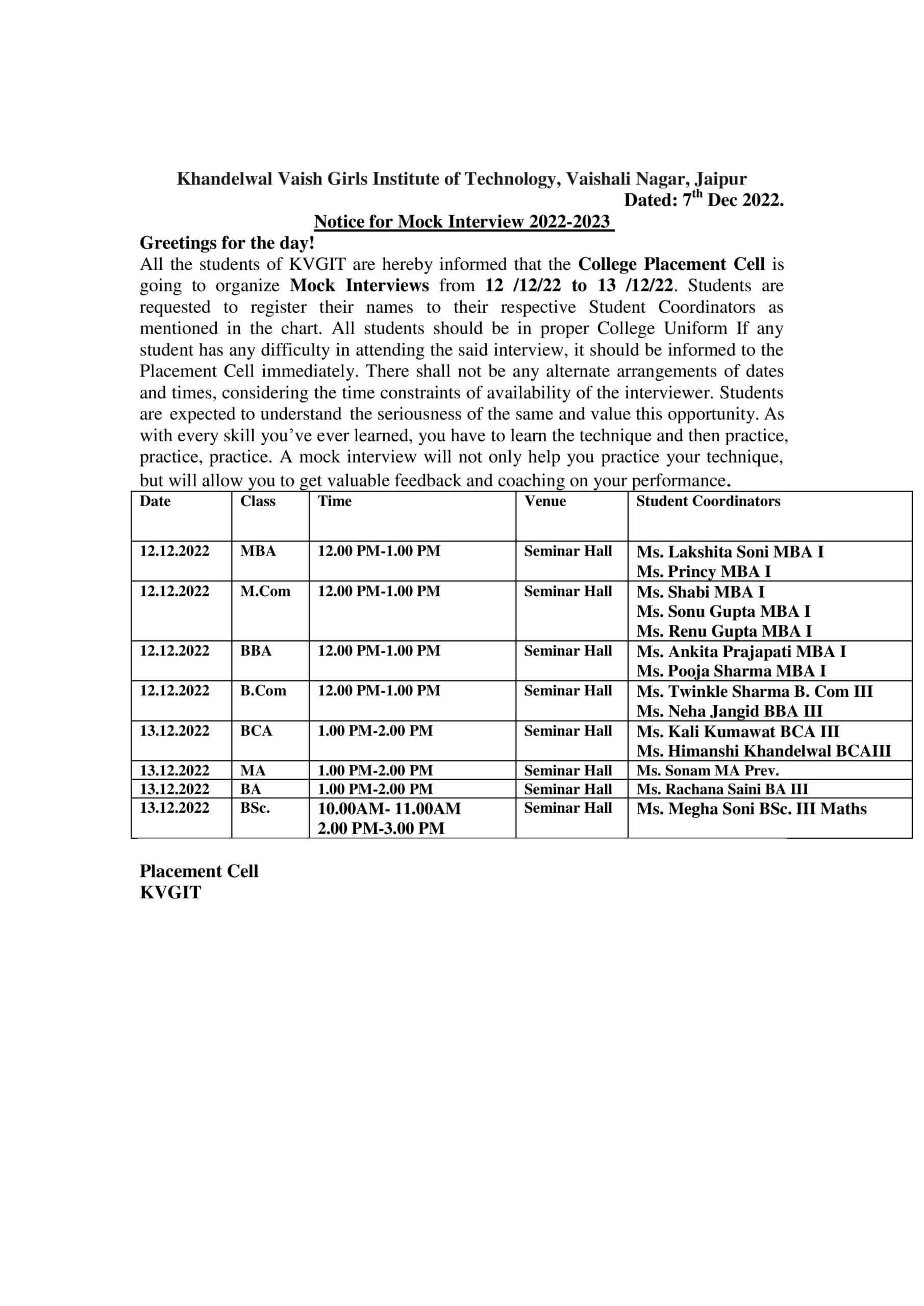 Notice for Mock Interview 2022-2023